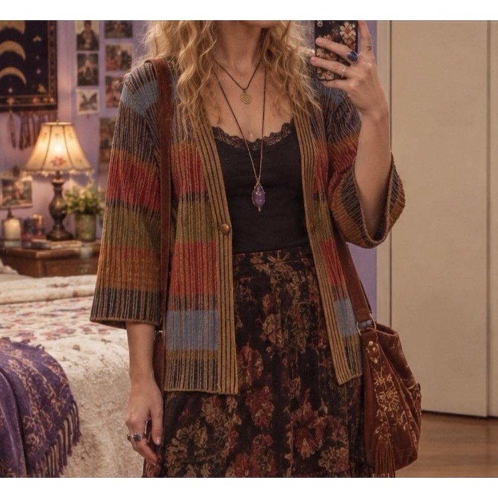 Coldwater Creek Cardigan Womens L Ribbed Indie Boho 70S Layering Whimsygoth